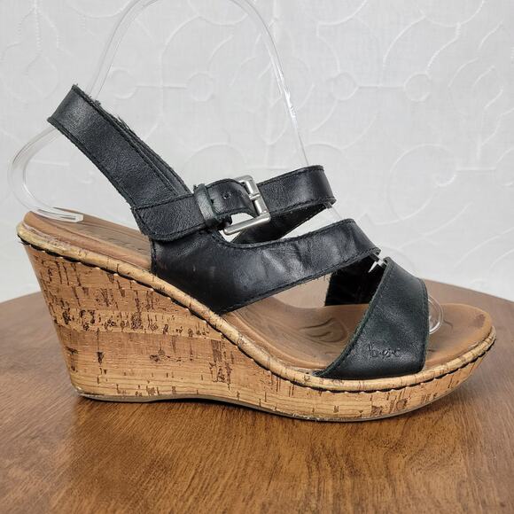 B.O.C Womens Schirra Sandals‎ 7 Black Leather Cork Wedge Sling Back Buckle Strap - Picture 1 of 14